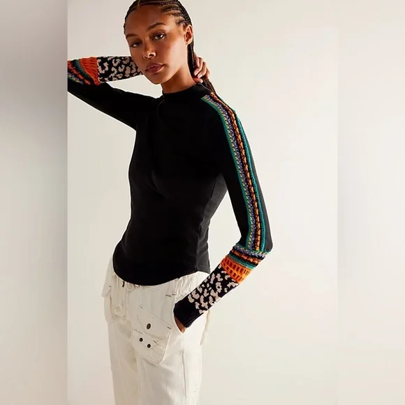 Free People Black Long Sleeve Switch it up Thermal Top Colorful Stripe Small - Picture 13 of 13
